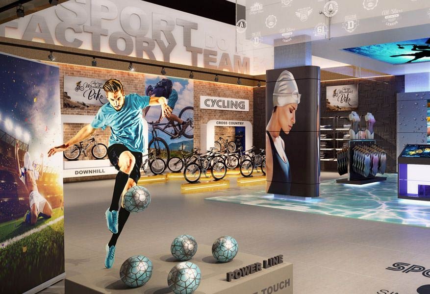 Sportbutik inredd med stora bilder och snygga väggar